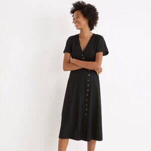 Madewell Linen-Blend Button-Wrap Midi Dress in Black